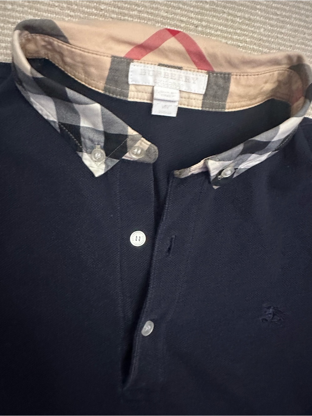Burberry Kid Navy Polo Shirt with Check Collar